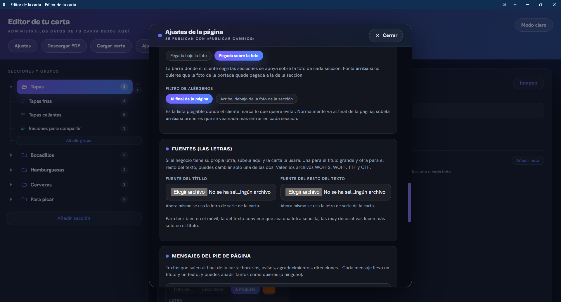 Ajustes de la carta: fuente del título y fuente del resto del texto