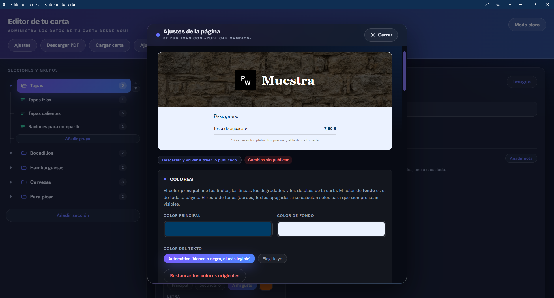 Ajustes de la página con una muestra en vivo de la carta