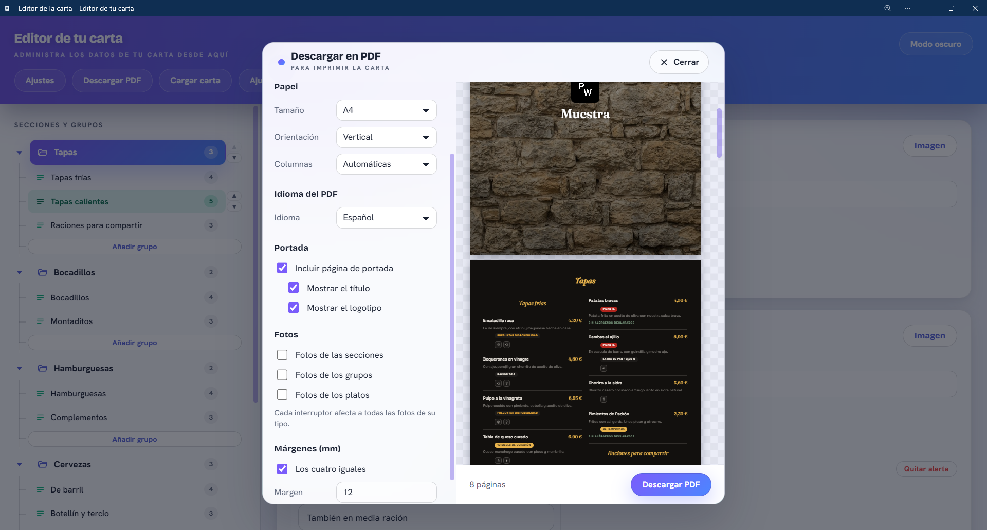 Ventana «Descargar en PDF» de adminApp con opciones de papel, idioma, portada y fotos