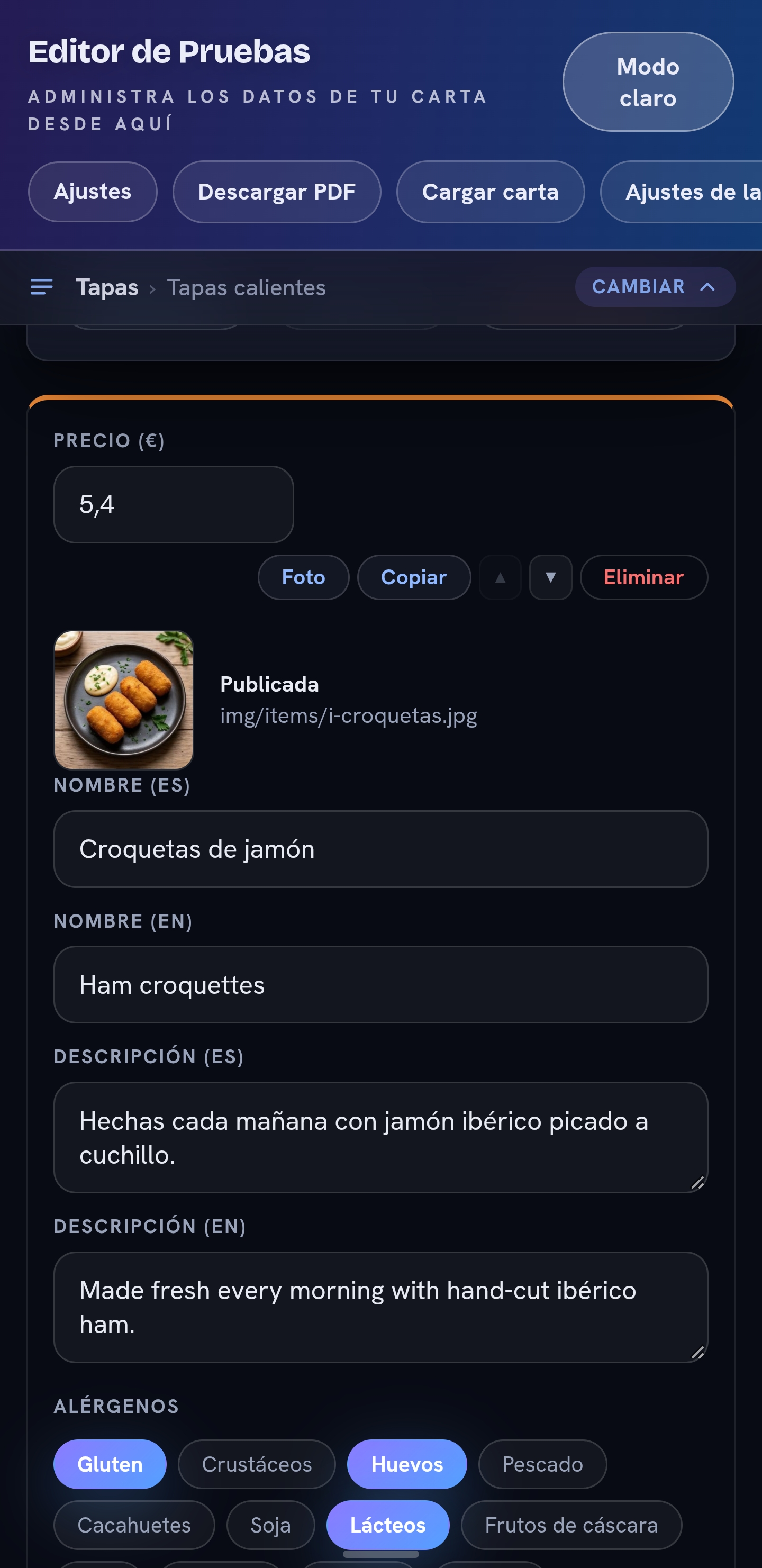 El editor en un móvil con la barra «Tapas › Tapas calientes» y el botón Cambiar