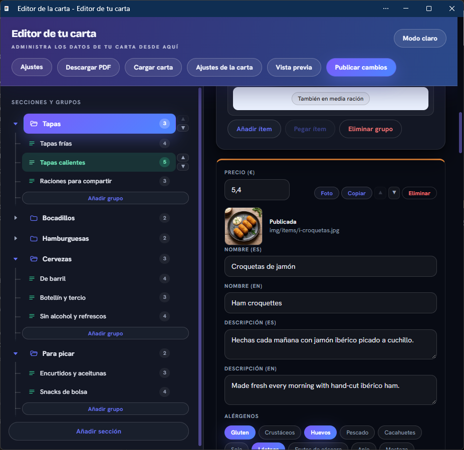 Editor en modo oscuro con los botones Añadir grupo, Añadir sección, Añadir ítem y Pegar ítem